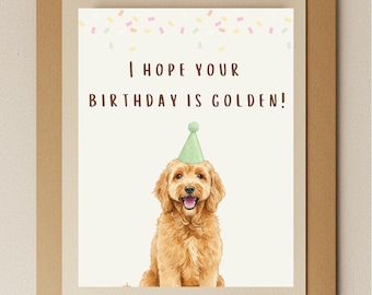 Carte d'anniversaire Golden Doodle : chien aquarelle avec chapeau de fête