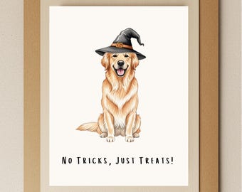 Golden Retriever Halloween Card: Witch Hat, "No Tricks, Just Treats!"