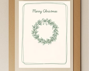 Christmas Card for Family, Botanical Wreath Design, Elegant Watercolor Holiday Card