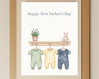 Première carte de fête des pères : voeux pour un nouveau papa avec grenouillère et ours en peluche | Souvenir aquarelle, blanc à l'intérieur