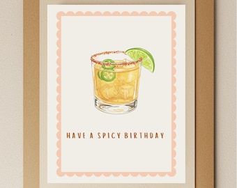 Carte d'anniversaire Margarita épicée : cocktail aquarelle avec jalapeños