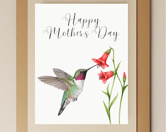 May include: A greeting card with the text "Happy Mother's Day" in cursive script. A hummingbird with green and red feathers is depicted drinking nectar from a red flower.