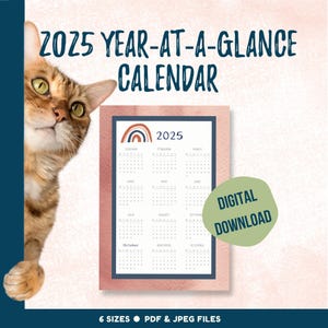 2025 Year-at-a-Glance wall calendar, full year printable calendar for home or office, yearly planning tool with cute boho graphics