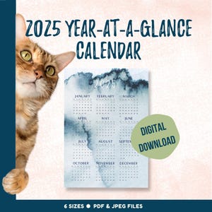 2025 Year-at-a-Glance wall calendar, full year printable calendar for home or office, yearly planning tool with watercolor graphics