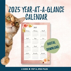 2025 Year-at-a-Glance wall calendar, full year printable calendar, yearly planning tool for home or office with floral graphics