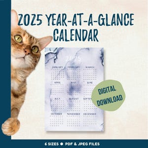 2025 Year-at-a-Glance wall calendar, full year printable calendar for home or office, yearly planning tool with watercolor graphics