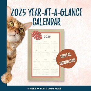 2025 Year-at-a-Glance wall calendar, full year printable calendar for home or office, yearly planning tool with floral graphics