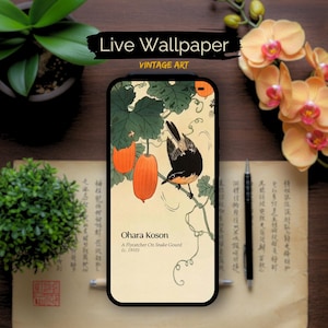 May include: A vintage Japanese woodblock print of a bird perched on a vine with gourds. The print is titled "Ohara Koson, A Flycatcher On Snake Gourd (c. 1910)".