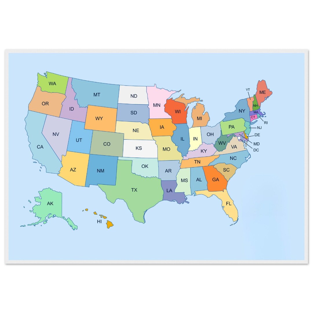 United States Map With State Abbreviations | Colorful USA Wall Art ...