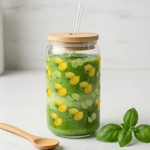 Könnte beinhalten: Ein klares Glas mit grünem Smoothie, verziert mit gelben Zitronen und Limettenscheiben. Es hat einen Bambusdeckel und einen durchsichtigen Strohhalm. Ein Holzlöffel und Basilikumblätter befinden sich im Vordergrund.