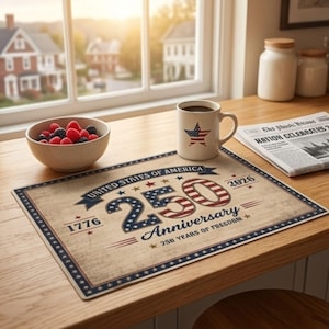 May include: A patriotic placemat with the text "United States of America 250 Anniversary 1776-2026" sits on a wooden surface. A mug with a star design and a bowl of berries are nearby. A newspaper is also visible.
