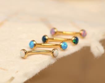 Barra curva de oro con doble ópalo • Labio • Cartílago • Ceja • Titanio • Joyería para piercing de cartílago • 16G 18G