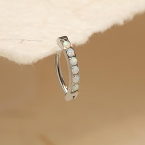 May include: A silver-colored hoop earring with a row of six small, round, opalescent stones. The earring is curved and has a hinged closure. The stones are evenly spaced along the front of the earring.