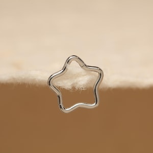 Puede incluir: Un pendiente o joya para el cuerpo en forma de estrella plateada. La estrella de cinco puntas tiene un acabado liso y pulido y un cierre de bisagra. La joya está sobre un fondo suave y blanquecino.