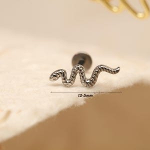 Pode incluir: Um brinco prateado em forma de cobra. O brinco tem 12,5 mm de comprimento e apresenta um design detalhado de uma cobra com um corpo texturizado. O pino do brinco é de cor cinza escuro.