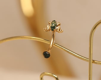 Pendiente de cartílago de ágata musgosa con forma de rana de 8 mm, joyería para piercing • Anillo para ceja • Barra para labio • Titanio • 16 g