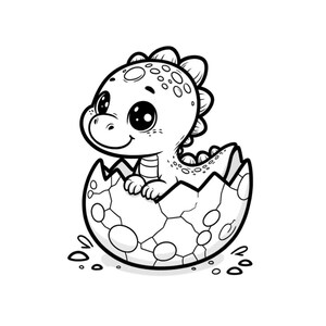 May include: A black and white line drawing of a baby dinosaur hatching from an egg. The dinosaur has large eyes and a cute expression.