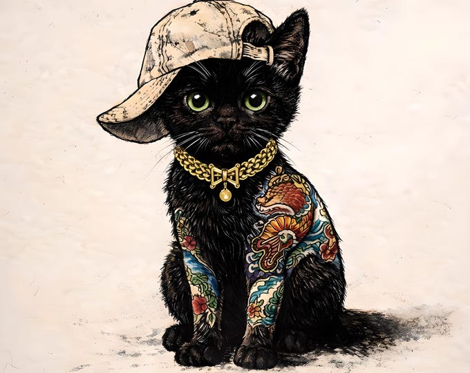 Featured listing image: Tattoo Black Cat Graphic oversized high neck t-shirt - front logo