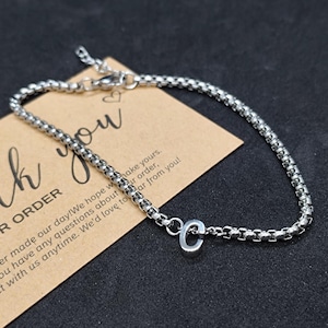 Men&#39;s Box Chain Bracelet with Custom Initial Charm, Stainless Steel Minimalist Bracelet, Personalized Letter Bracelet for Him, Gift for Men