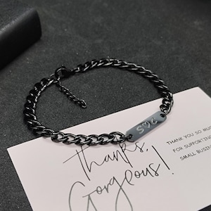 Custom Name Bar Bracelet, Personalized Engraved Black Chain, Cuban Link Stainless Steel, Boyfriend Gift, Anniversary Jewelry