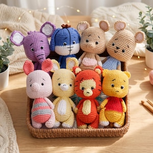 May include: A collection of eight small, handmade crochet stuffed animals arranged in a woven basket. The figures include characters with distinct features such as a purple elephant, a blue donkey, a red-striped pig, and a yellow bear with a red shirt.