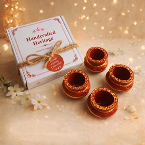 May include: A white cardboard gift box labeled Handcrafted Heritage with a jute twine bow and four small, round, terracotta-colored clay oil lamps featuring gold-painted decorative rims and textured patterns on the exterior sides.