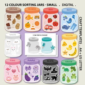 May include: A digital craft template set featuring 12 jars labelled with colours including brown, orange, red, blue, white, yellow, pink, purple, black, and green. Each jar contains illustrations of items matching its colour. Text reads 12 COLOUR SORTING JARS - SMALL . DIGITAL . CRAFT TEMPLATES . A4 + US LETTER and I CAN SORT BY COLOURS.