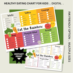 May include: A colorful, educational chart for kids, promoting healthy eating habits. The chart is divided into color-coded sections, listing various fruits and vegetables. Includes the text "Eat the Rainbow" and "Instant Print."