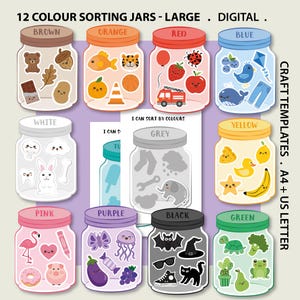 Pode incluir: Um conjunto de modelos digitais intitulado 12 COLOUR SORTING JARS - LARGE com doze potes rotulados com cores como marrom, laranja, vermelho, azul, branco, cinza, amarelo, rosa, roxo, preto e verde, cada um contendo ícones temáticos.