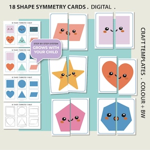 May include: A set of 18 digital shape symmetry cards featuring colourful geometric shapes with smiling faces. The cards include a star, heart, pentagon, and hexagon, with text reading 18 SHAPE SYMMETRY CARDS . DIGITAL . and CRAFT TEMPLATES . COLOUR + BW.