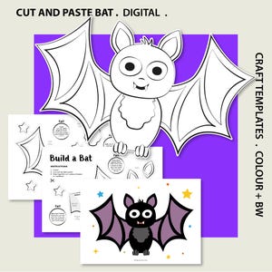 Puede incluir: Una plantilla de manualidades digital para un murciélago con dibujos de líneas en blanco y negro y una versión a color. El texto dice CUT AND PASTE BAT . DIGITAL . CRAFT TEMPLATES . COLOUR + BW. Incluye instrucciones Build a Bat.