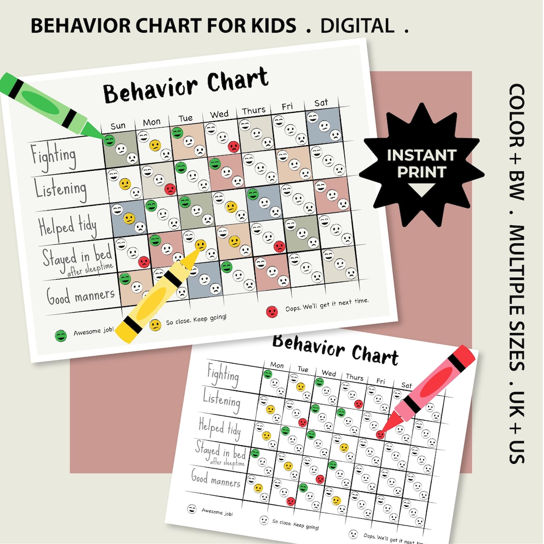 Printable Behavior Chart for Kids | US and UK Spelling | Colour | Black ...