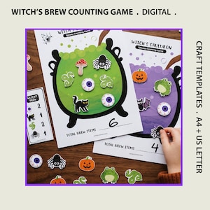 Puede incluir: Un juego de conteo digital Witch's Brew que incluye dos hojas impresas con ilustraciones de grandes calderos negros en verde y morado. El juego contiene pequeñas fichas recortables de arañas, globos oculares, calabazas, ranas, serpientes y murciélagos.
