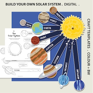 Könnte beinhalten: Eine farbenfrohe Bastelvorlage für das Sonnensystem mit Planeten, Sonne und Mond. Enthält ein ausdruckbares Arbeitsblatt mit schwarz-weißen Planetenumrissen zum Ausmalen. Der Text lautet "Build Your Own Solar System. Digital."
