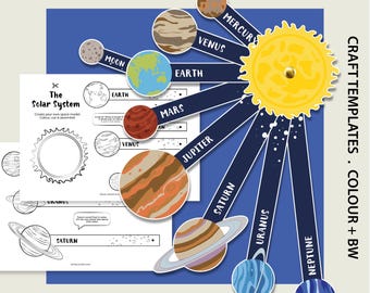 May include: A colorful solar system craft template with planets, sun, and moon cutouts. Includes a printable worksheet with black and white planet outlines for coloring. The text reads "Build Your Own Solar System. Digital."