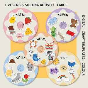 May include: Five circular sorting activity templates labeled Taste, Touch, Hear, Smell, and See. Each circle features a central sense icon and various small, colorful illustrations representing that sense. Text reads: FIVE SENSES SORTING ACTIVITY - LARGE, DIGITAL . CRAFT TEMPLATES . COLOUR.