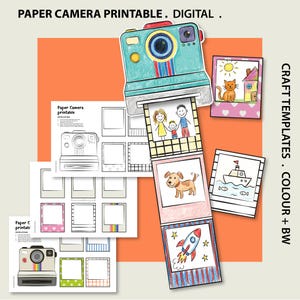 Puede incluir: Una plantilla digital de manualidades de cámara de papel con una cámara de color verde azulado y una tira extraíble con dibujos de una familia, un perro y un cohete. El set incluye hojas imprimibles con contornos y marcos de fotos.