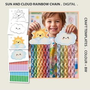 Manualidad imprimible de cadena de papel con sol y nubes y arcoíris / Actividad de recortar y pegar / Colorea la tuya / Habilidades motoras finas para preescolar y jardín de infancia