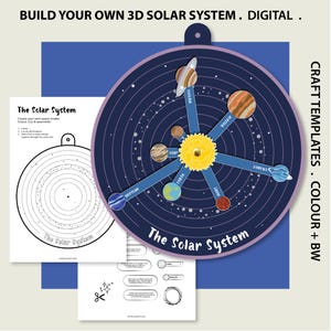 May include: A digital craft template for a 3D solar system model featuring a circular dark blue base with white orbital lines and the text The Solar System. Includes a yellow sun centre, rotating arms with planets, and black and white printable sheets.