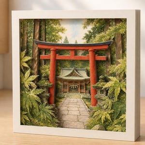 May include: A layered paper art shadow box featuring a vibrant red torii gate standing at the entrance of a stone path leading to a traditional Japanese shrine, surrounded by lush green maple leaves and tall forest trees in a white square frame.