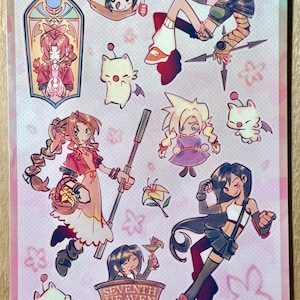 Könnte beinhalten: Ein Stickerbogen mit Cartoon-Illustrationen von Final Fantasy VII-Charakteren. Der Bogen enthält Cloud, Tifa, Aerith und andere Charaktere. Der Text "Seventh Heaven" ist sichtbar, zusammen mit der Signatur des Künstlers.