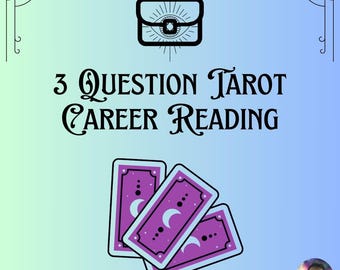 Może przedstawiać: Grafika z walizką i trzema kartami tarota, z tekstem "3 QUESTION TAROT CAREER READING".