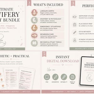 May include: Digital midwifery student bundle, featuring over 40 pages of content. Topics include labour, anatomy, and newborn care. Designed for midwifery and nursing students. Available as an instant PDF download.