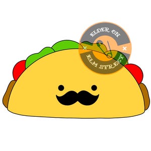 Puede incluir: Un taco amarillo de dibujos animados con un bigote negro y detalles rojos y verdes. El taco tiene el texto "Elder on Elm Street".