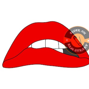 May include: A red, open mouth with white teeth, biting into a black and white circle with the text "Freddy on Elm Street" in red and white.