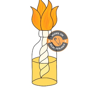 May include: A cartoon illustration of a clear glass bottle with a yellow liquid inside and a flame-shaped top in shades of orange and yellow. The bottle has a white, twisted design inside. The image includes a circular logo that says "Elder on Elm Street".