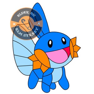 May include: A cartoon illustration of a blue and orange creature with a large fin and a smiling expression. The creature has a light blue belly and a pink tongue. The image has a circular logo that says "Elder on Elm Street".