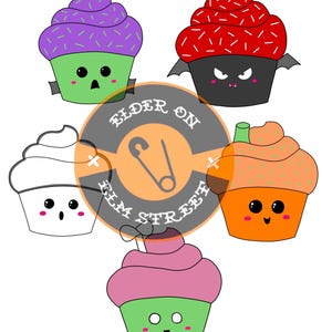 May include: Five Halloween themed cupcakes with different coloured frosting and sprinkles. The cupcakes have different facial expressions, including a ghost, a vampire, a zombie, a pumpkin, and a monster.