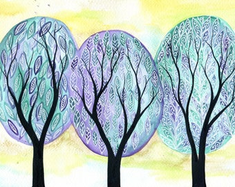 Glimmer - Whimsical watercolour painting of purple and green trees on a bright shimmery sky