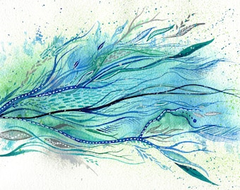 Windrunner - ORIGINAL intuitive abstract watercolour painting in blue and green